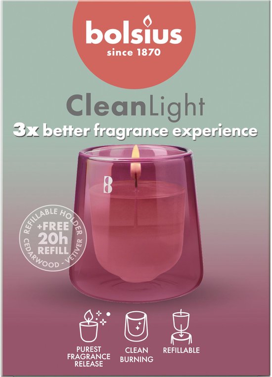 Bolsius CleanLight Cedarwood & Vetiver geurkaars starterkit in roze glas. Met brandende kaars en info.