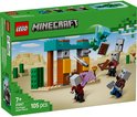 LEGO Minecraft set met 4 figuren in woestijnlandschap, inclusief Illagers, een Ender Dragon en accessoires.