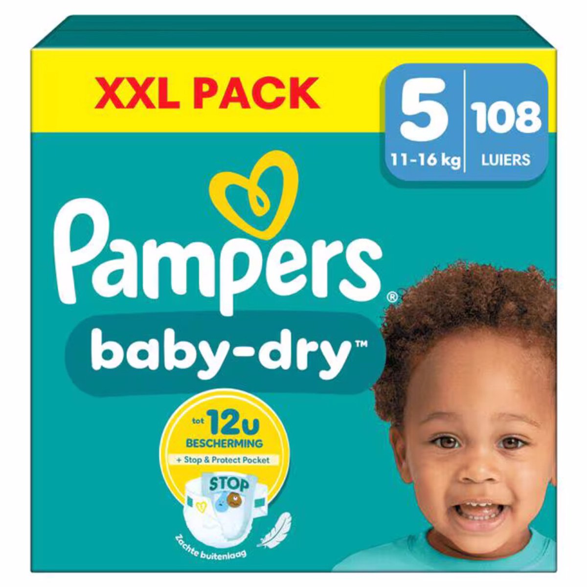 Pampers Baby-Dry luiers - Maat 5 (11-16kg) - 108 stuks - Voordeelverpakking - Stop and Protect - Unieke extra laag - Absorberende kern - Dubbele beschermrandjes (Tot maat 5+)