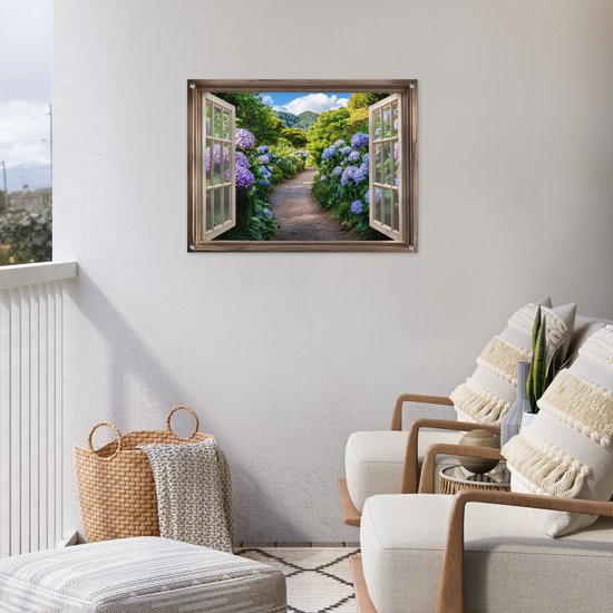 Affiche de jardin 80x60 cm - Décoration de jardin Vue - Hortensia - Chemin - Nature - Affiche pour le jardin - Décoration extérieure - Tableau de jardin clôture - Décoration murale sur toile de jardin - Décoration murale sur toile de balcon