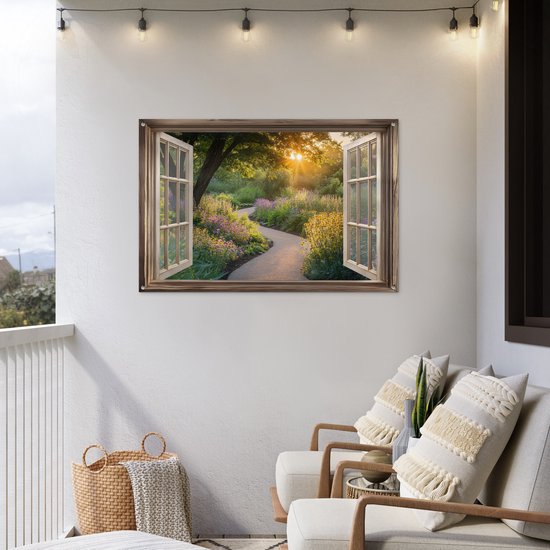 Affiche de jardin 120x80 cm - Décoration de jardin Vue - Fleurs - Nature - Soleil - Chemin - Affiche pour le jardin - Décoration extérieure - Tableau de jardin clôture - Décoration murale sur toile de jardin - Décoration murale sur toile de balcon