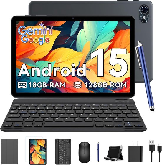 Zenva Tablet T80 - Gemini AI - 18GB RAM - 128GB ROM - 6000 mAh - 5G WIFI - Android 15 - Bluetooth 5.0 - Met Toetsenbord - Hoes - Stylus - Muis - Grijs