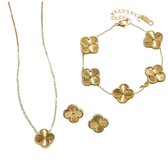 Luxxie - Goudkleurige sieradenset klaver - Oorbellen - Armband -Ketting klaver - luxe sieraden-satement set -stainless steel-kado voor haar-kerstkado- sinterklaas kado-clover set-klaver set