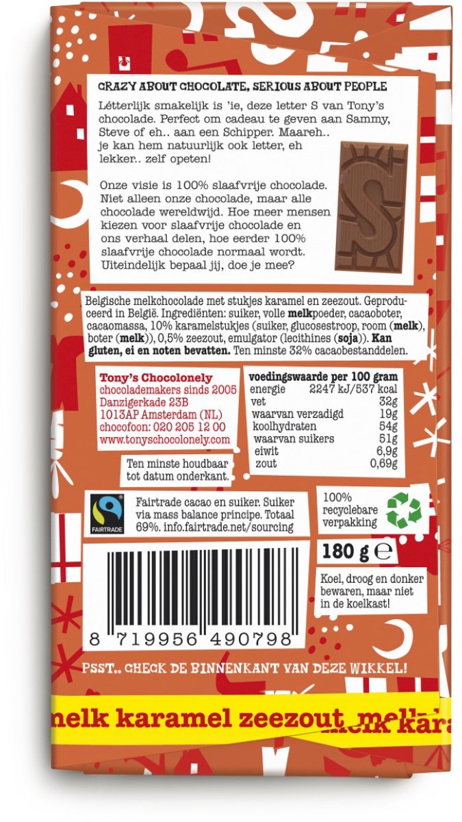 Melk Karamel Zeezout - Sinterklaas - Schoencadeautjes - Sint Cadeau - 180 Gram - Fairtrade Belgische Chocola van Tony's Chocolonely — cadeau in Eten & Drinken - foto 2