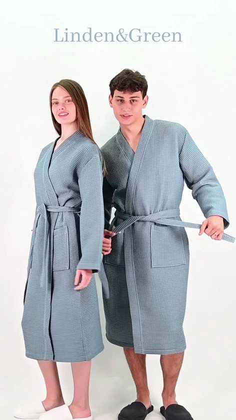 PandaHome - Badjas Badjas % Katoen - L - Blue - Gaufre en Katoen - Kimono - Badjas Femme - Badjas Homme - Badjas Femme et Homme