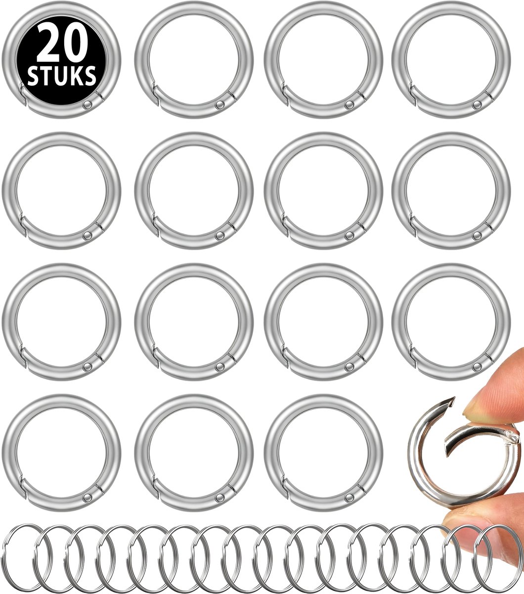 20 Stuks Ronde Karabijnhaak met 20 Sleutelringen - Musketonhaak Sleutelhangers voor Volwassenen - Mini Musketon en ringetjes - Auto Klein Carabiner Sleutel Hanger, Houder - Karabijn haak ringen - Keychain Karabijnsluiting - Carabijnhaak Klikringen