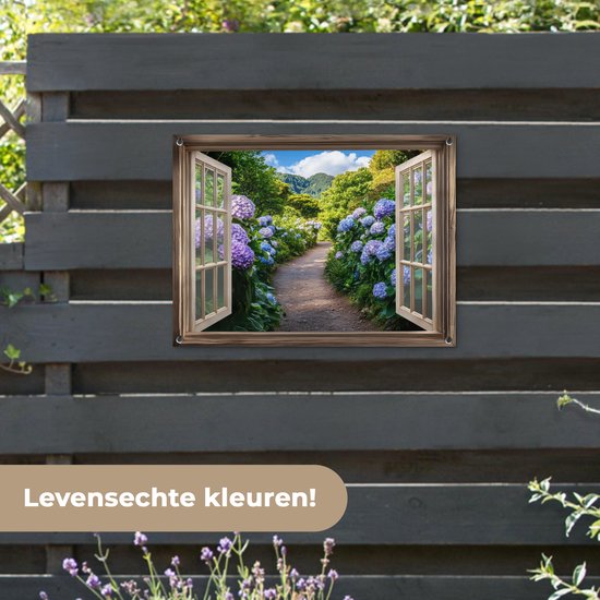Affiche de jardin 80x60 cm - Décoration de jardin Vue - Hortensia - Chemin - Nature - Affiche pour le jardin - Décoration extérieure - Tableau de jardin clôture - Décoration murale sur toile de jardin - Décoration murale sur toile de balcon