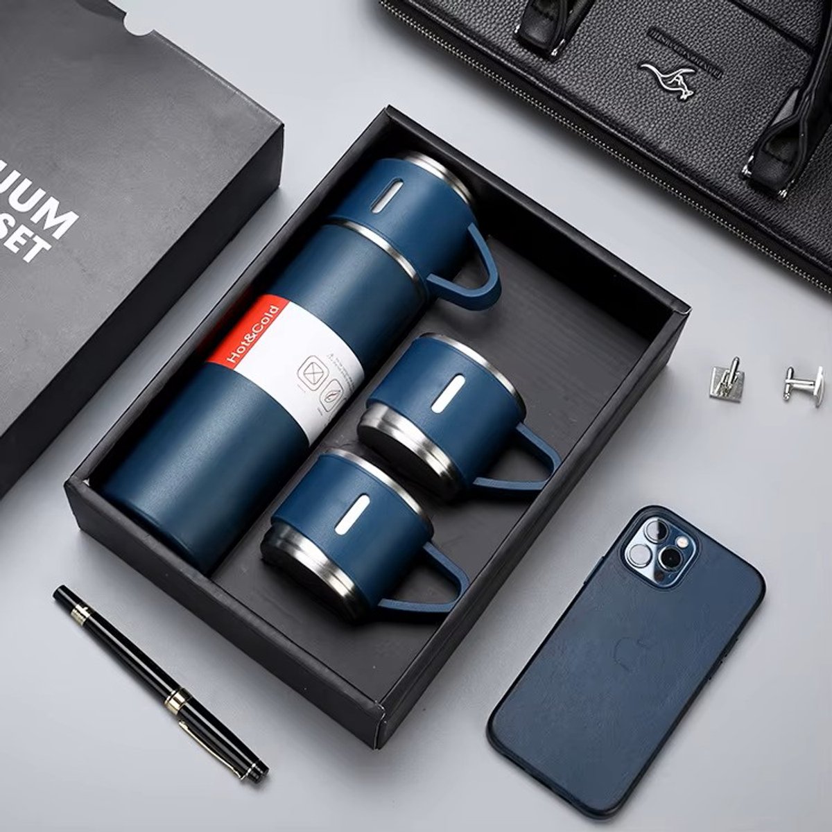 Thermosfles set 3-delig - RVS - Duurzaam, Lekvrij, en Leuk om Cadeau te Doen – Blauw