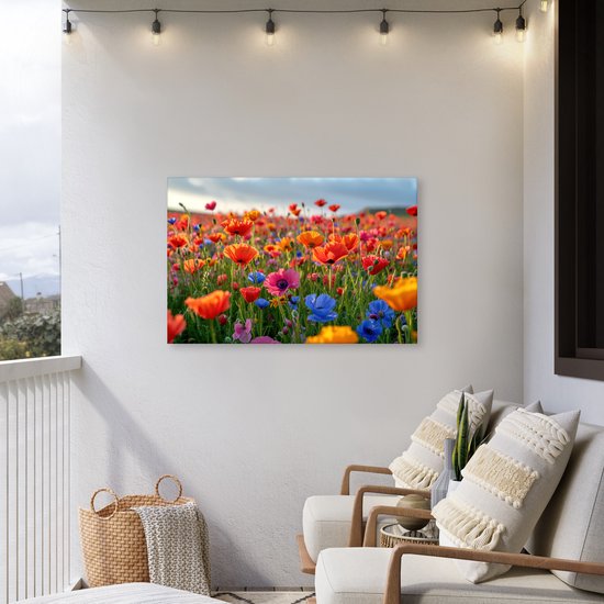 Buitenkunstwerk op doek met een veld vol klaprozen in rood, oranje, blauw en roze.
