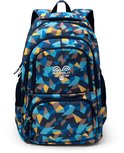 Blauwe rugzak met veelkleurig geometrisch patroon. Voorvak met RambuX logo. Zwarte ritsen.