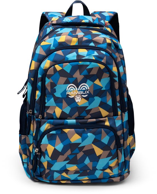 Blauwe rugzak met veelkleurig geometrisch patroon. Voorvak met RambuX logo. Zwarte ritsen.