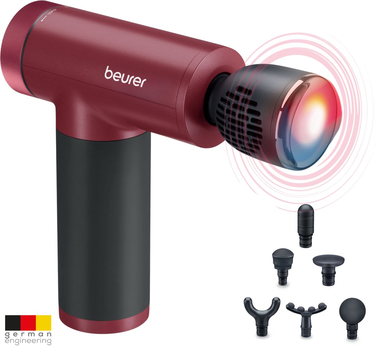 Beurer MG 195 HOT & COLD Limited Edition 25 Massage Gun - Verwarmt & koelt spieren - Incl. 7 opzetstukken - 9 Intensiteitsniveaus - Krachtige accu - Draadloos gebruik - 3 Jaar garantie - Bordeaux/zwart