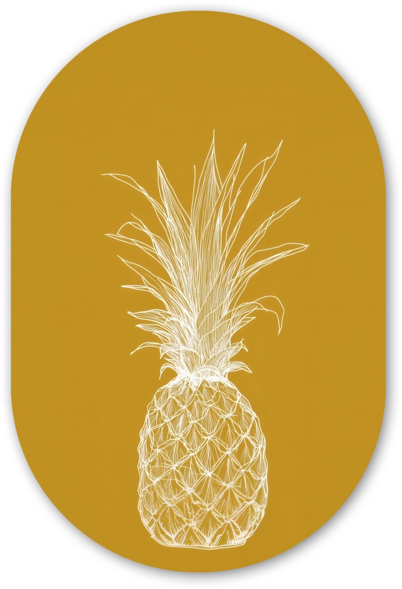 Muurovaal 40x60 cm - Ovale wanddecoratie Lijnillustratie - Ananas - Bladkroon - Okergeel - Ovalen schilderij - Muurdecoratie woonkamer - Kamer decoratie - Schilderijen - Wandcirkel