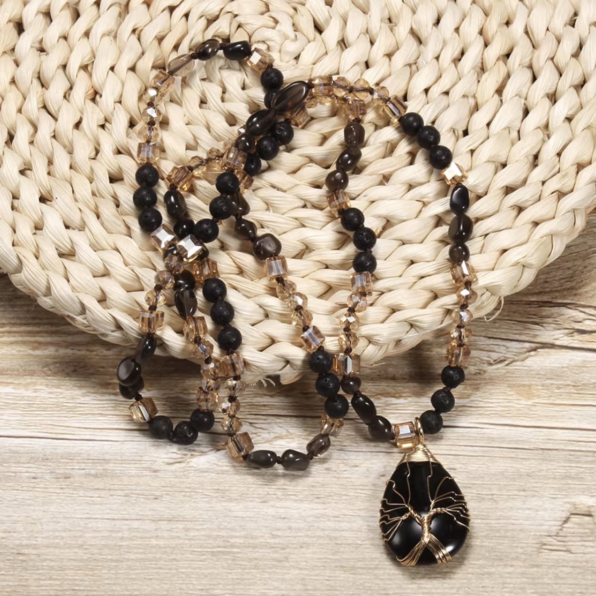 ASTRADAVI Mode Sieraden - Ketting - Prachtige natuursteen ketting - waterdruppel hanger met levensboom - Zwart