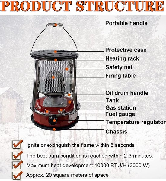 RFWR® Draagbare 4.6L Petroleum Kachel voor Binnen en Buiten - Efficiënte en Veilige Verwarming voor Kamperen, Koken en Terras — afbeelding 4