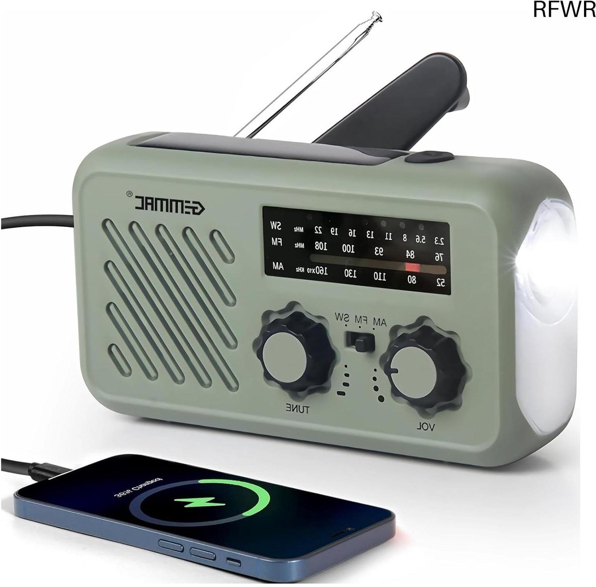 RFWR® Draagbare noodradio met zonne-energie en dynamo - Multifunctionele FM/AM radio met SOS alarm en powerbank