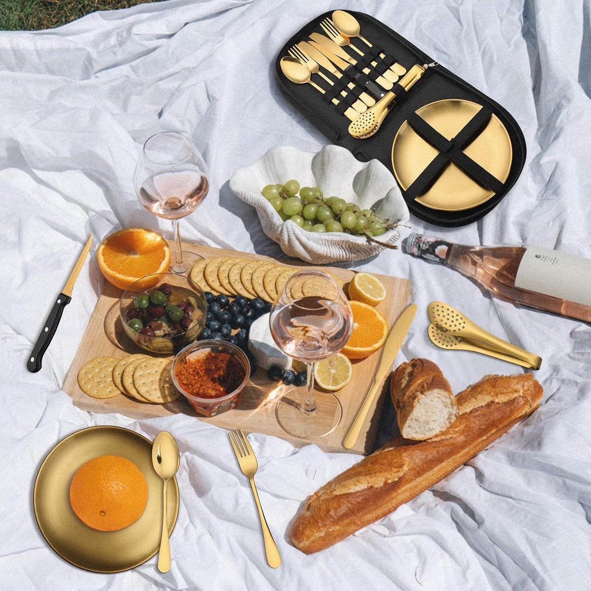 Ibenzoa® Complete 10-delige Gouden Camping Bestekset voor Twee Personen met Draagbare Opbergtas voor Outdoor Avonturen