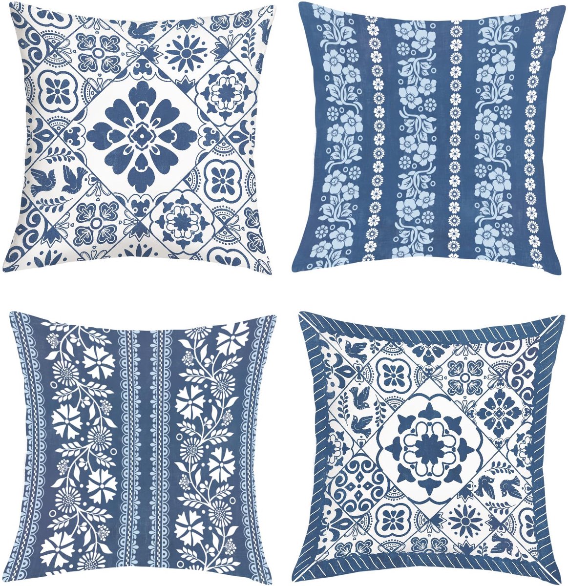 Ibenzoa® Kussenslopen Set van 4 met Bloemen en Vogels in Blauw Chinoiserie Patroon voor Moderne Sfeer