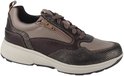 Bruine sneaker met beige en donkerbruine leren panelen. Snake-print details en ritssluiting op de veters.