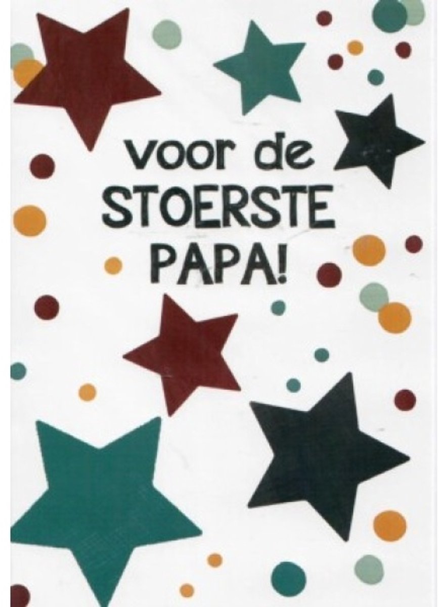Voor de stoerste papa! Een bijzondere kaart met kleurrijke sterren en stippen. Te gebruiken tijdens Vaderdag of om je vader zomaar te bedanken. Een dubbele wenskaart inclusief envelop en in folie verpakt.
