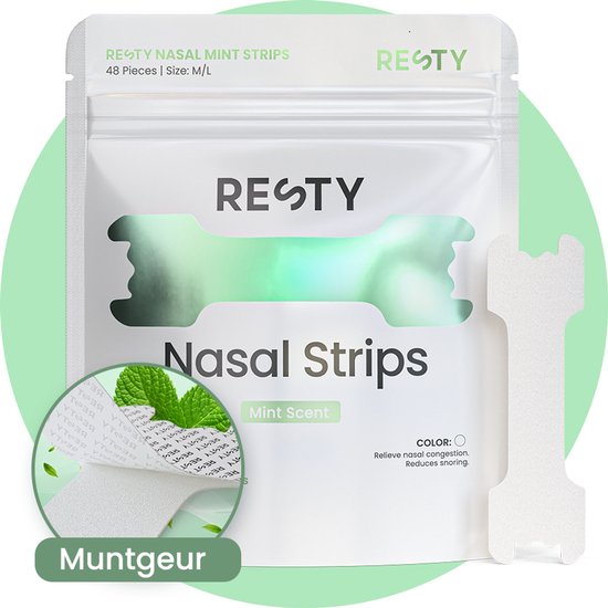 Resty® Neusstrips Mint – 48 stuks - Zweetbestendig & Huidvriendelijk (M/L) - Extra kleefkracht voor sport & slaap - Anti-snurk neuspleisters