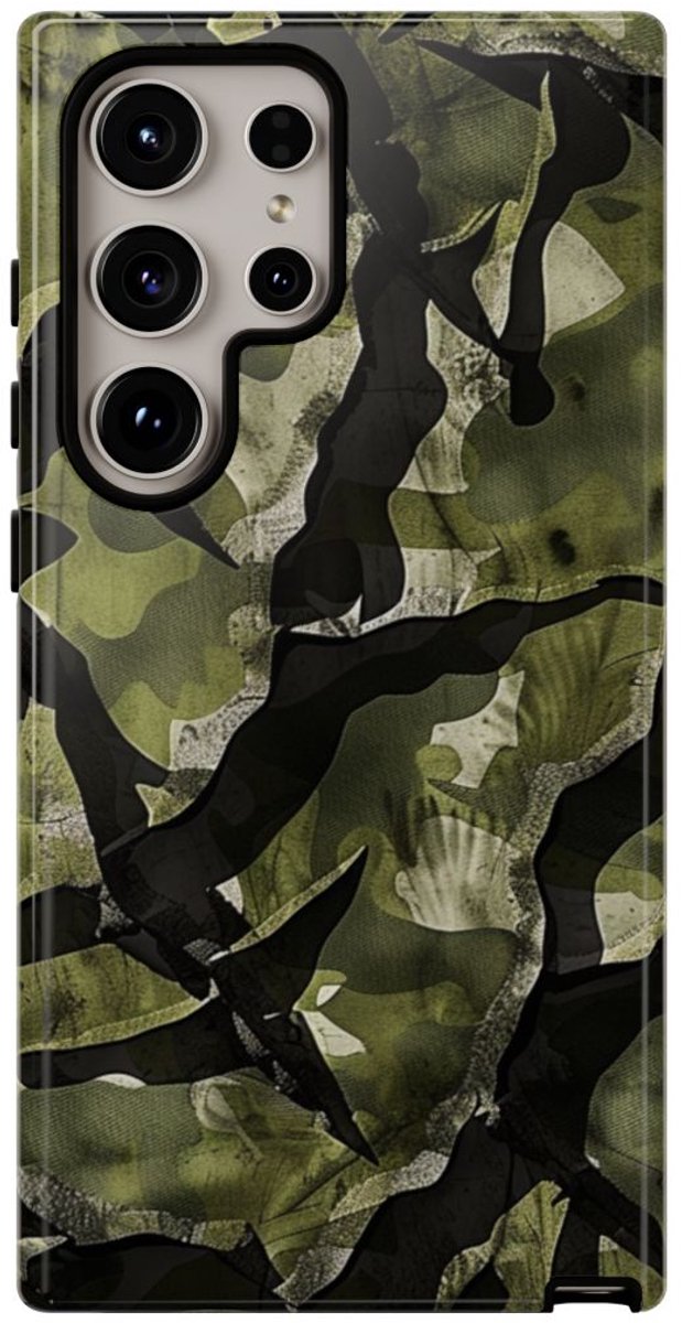 Groen Camouflagepatroon met Zwarte Abstracte Vormen – Telefoonhoesje Geschikt voor Samsung Galaxy S24 Ultra