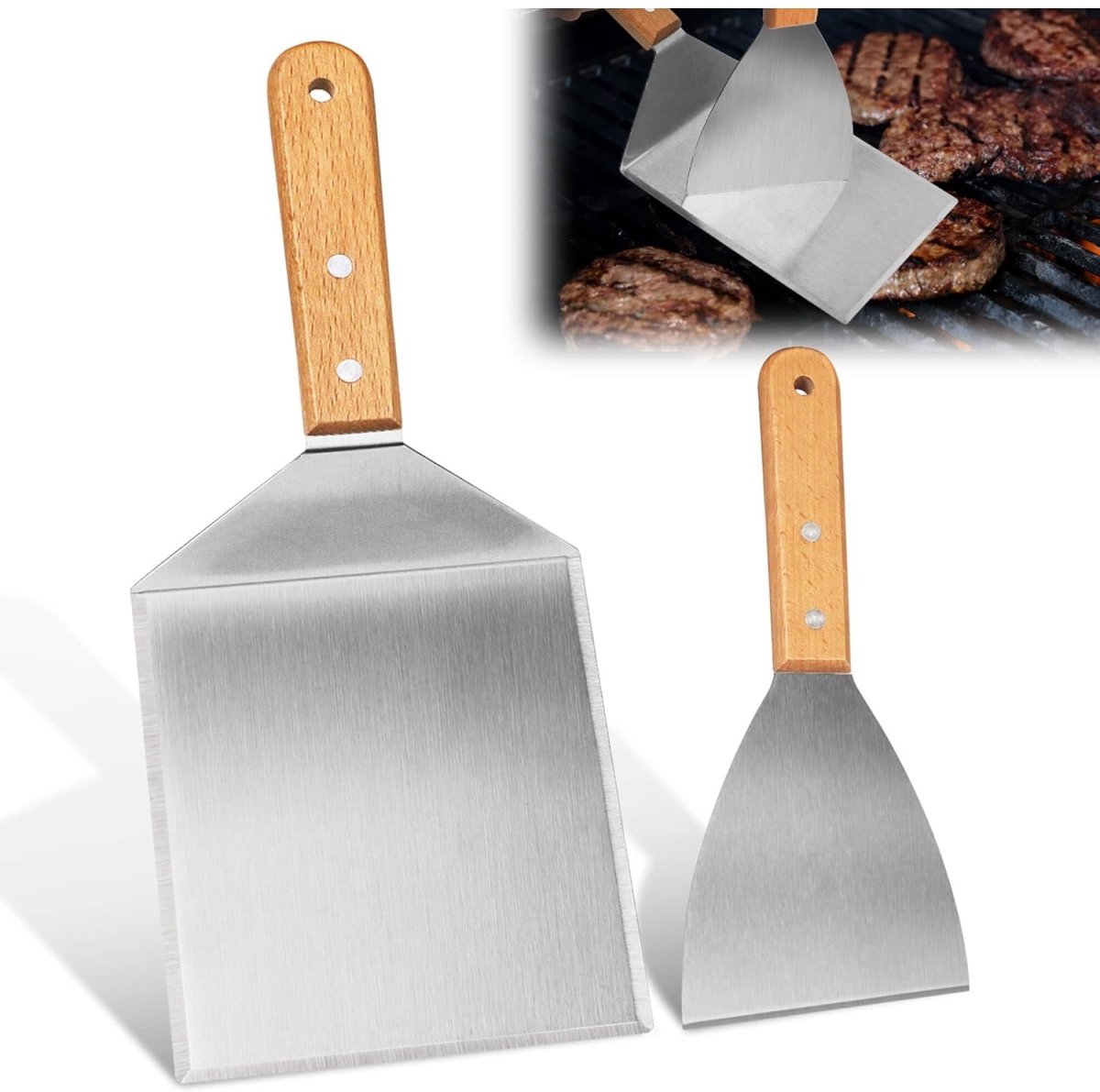 EXCITAT Spatel - Grillspatel - Spatel van roestvrij staal - Geschikt voor hamburgers, teppanyaki, BBQ, steaks, pizza - Zilver - 2 stuks