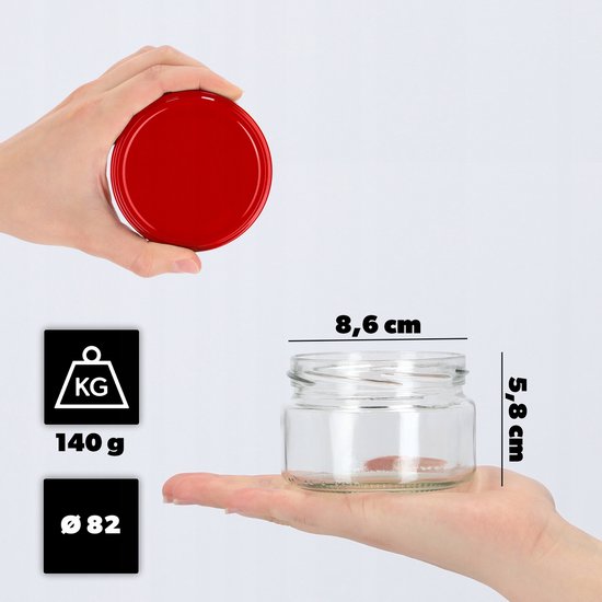 KADAX Kleine Inmaakpotten, 235 ml, Diameter 82, Voor Honing en Specerijen, Jampotten Met Deksel, Luchtdicht, Cadeauverpakking (Rood Geruit, 50 Stuks
