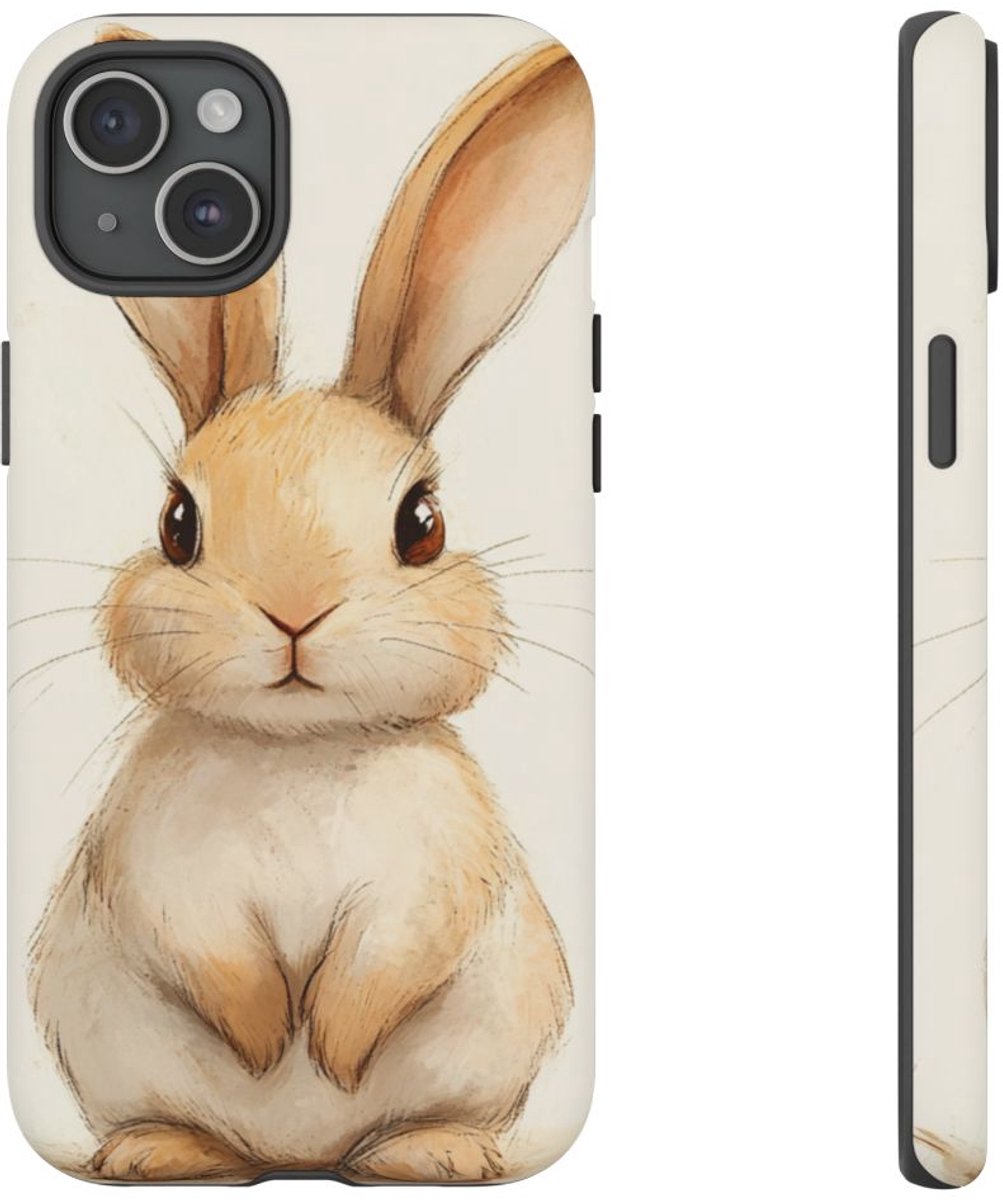 Lieve Beige Konijnenillustratie – Telefoonhoesje Geschikt voor iPhone 15 Plus