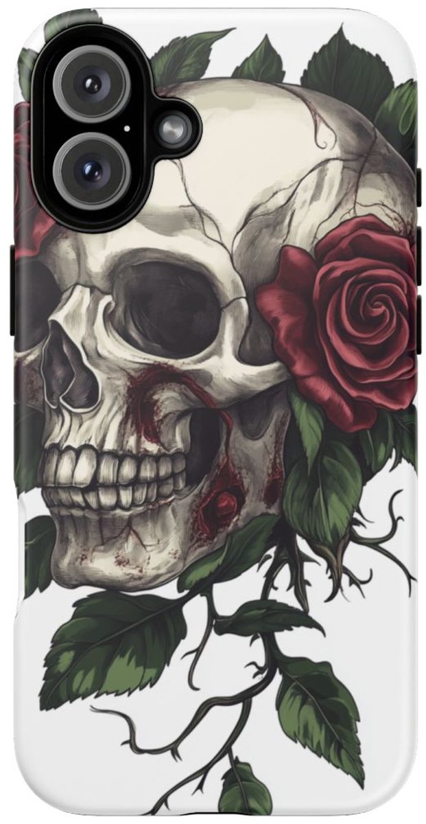 Schedel met Rode Rozen en Groene Bladeren – Telefoonhoesje Geschikt voor iPhone 16 Plus