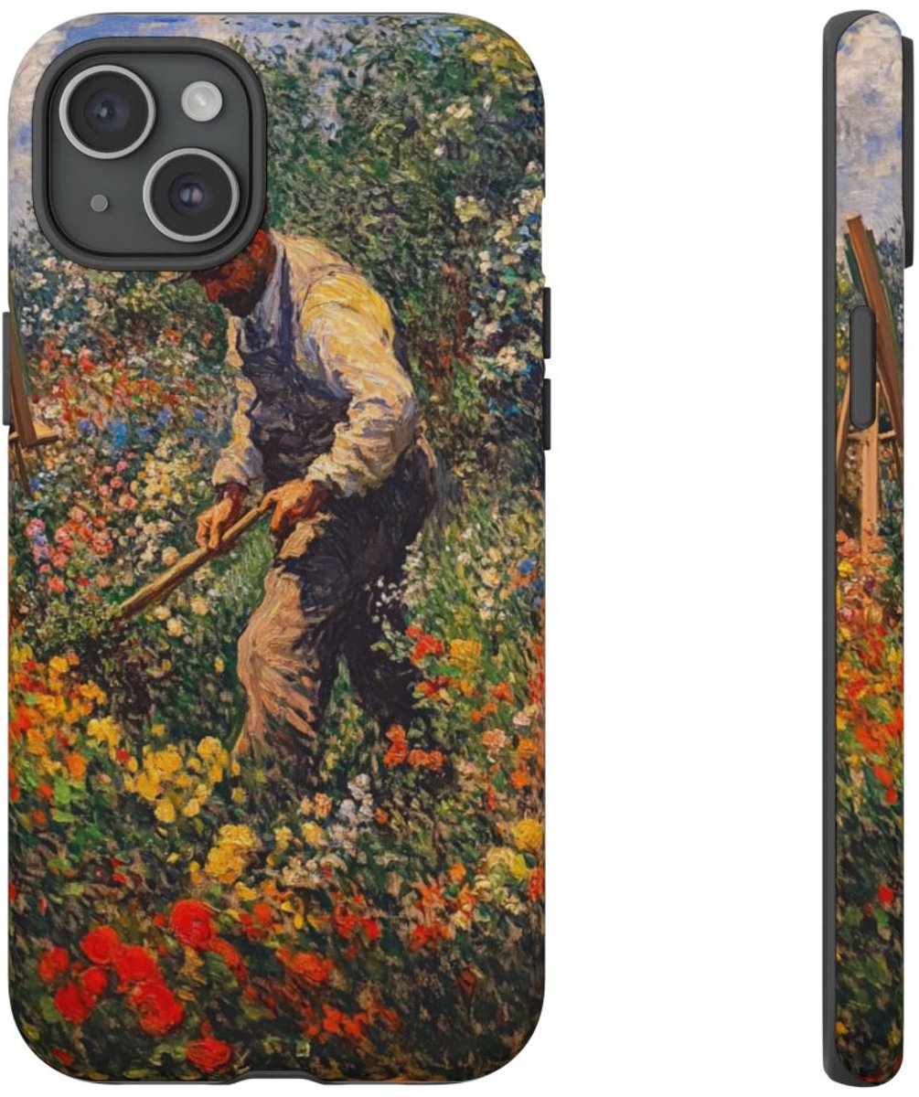 Tuinier in Bloemrijke Tuin – Telefoonhoesje Geschikt voor iPhone 15 Plus
