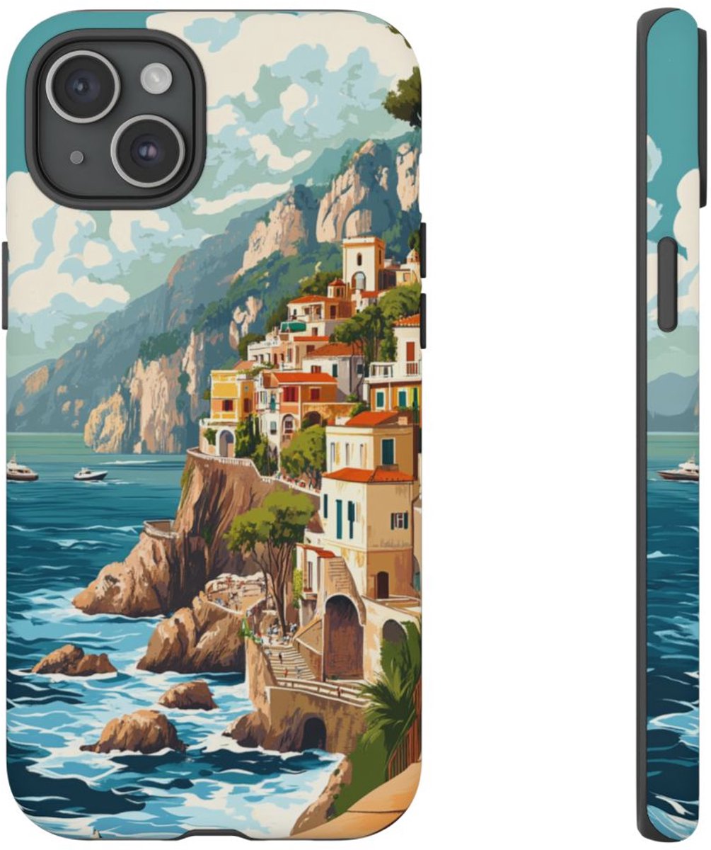 Retro Illustratie van de Amalfikust – Telefoonhoesje Geschikt voor iPhone 15 Plus