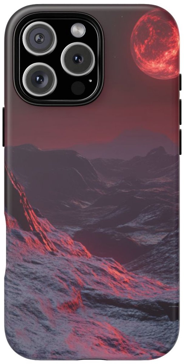 Bergachtig Landschap met Rode Maan – Telefoonhoesje Geschikt voor iPhone 16 Pro Max