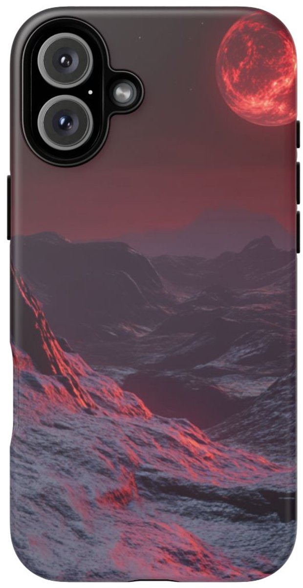 Bergachtig Landschap met Rode Maan – Telefoonhoesje Geschikt voor iPhone 16 Plus