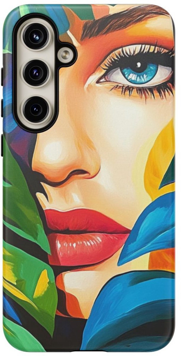 Abstracte Vrouwenportret met Monstera – Telefoonhoesje Geschikt voor Galaxy S24 Plus