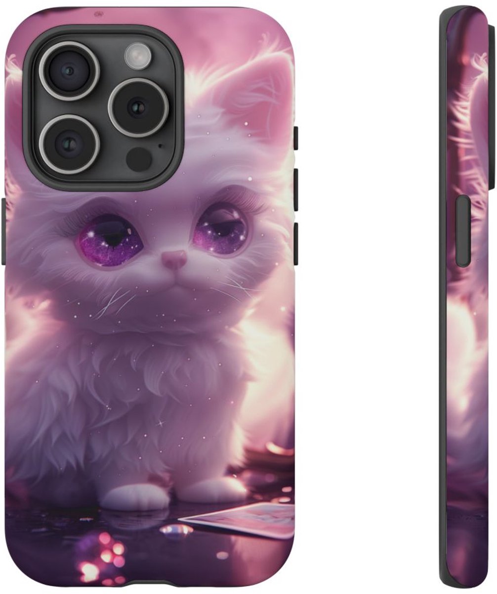 Witte Pluizige Kat met Paarse Ogen – Telefoonhoesje Geschikt voor iPhone 15 Pro