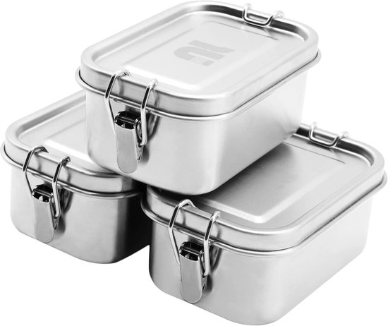 Stapel van drie rechthoekige roestvrijstalen lunchboxen met sluitclips.