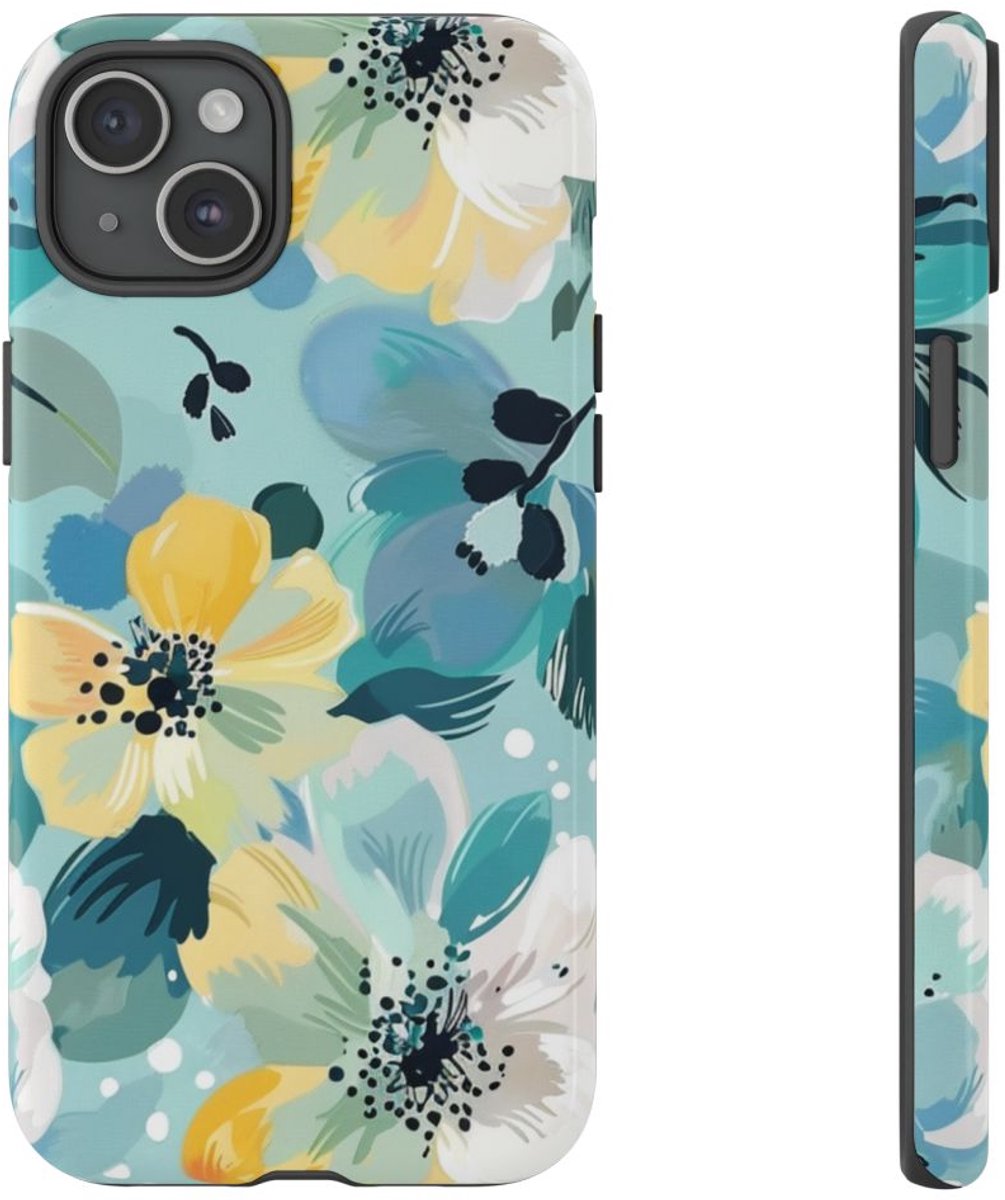 Turquoise Bloemenpatroon met Stippen – Telefoonhoesje Geschikt voor iPhone 15 Plus