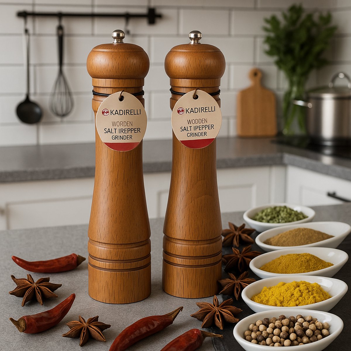 Kadirelli Peper- en Zoutmolen Set – 26 cm – Houten Peper- en Zout Grinder