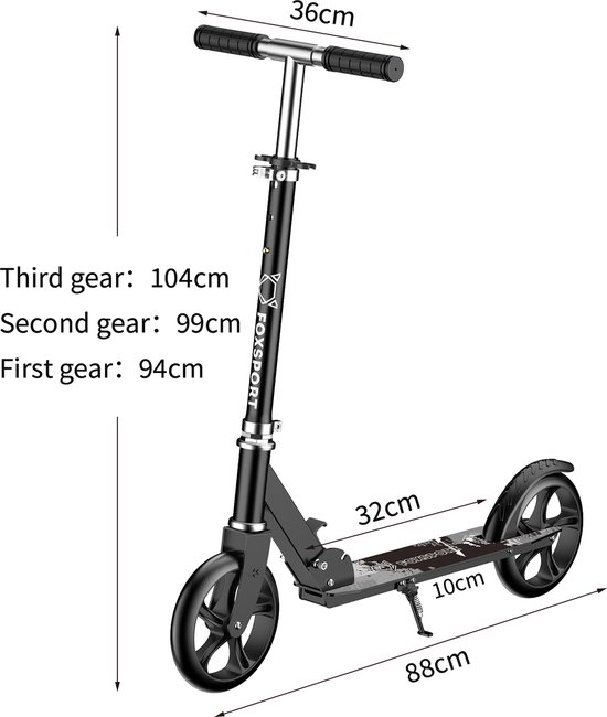 FOXSPORT Step - Draagkracht tot 100 kg - Opvouwbaar Step voor Kinderen/Volwassenen - voor Jongens en Meisjes - Drie instelbare hoogte-opties - PU-wielen van 20 cm - Step volwassenen met schokabsorptie - Zwart