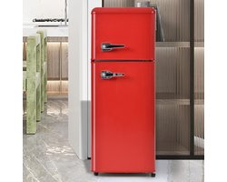 Retro koelkast. Koel-vriescombinatie, 105,5 cm hoog, 41 cm breed, twee deuren, met een totaal volume van 92 liter, vriesvolume van 28 liter. Deurvakken en glazen planken. 116 kWh/jaar, -27 °C ~13 °C, ledverlichting, rood
