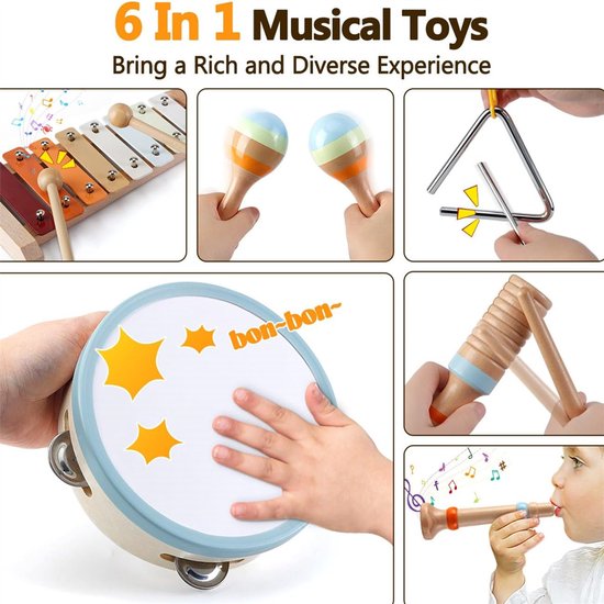 6 stuks muziekinstrumenten voor kinderspeelgoed, montessori muziekspeelgoed voor kinderen van 1-5 jaar, houten speelgoed baby drumstel, kinder drum percussie-instrumenten muziekinstrumenten speelgoed van Rolimate — afbeelding 3