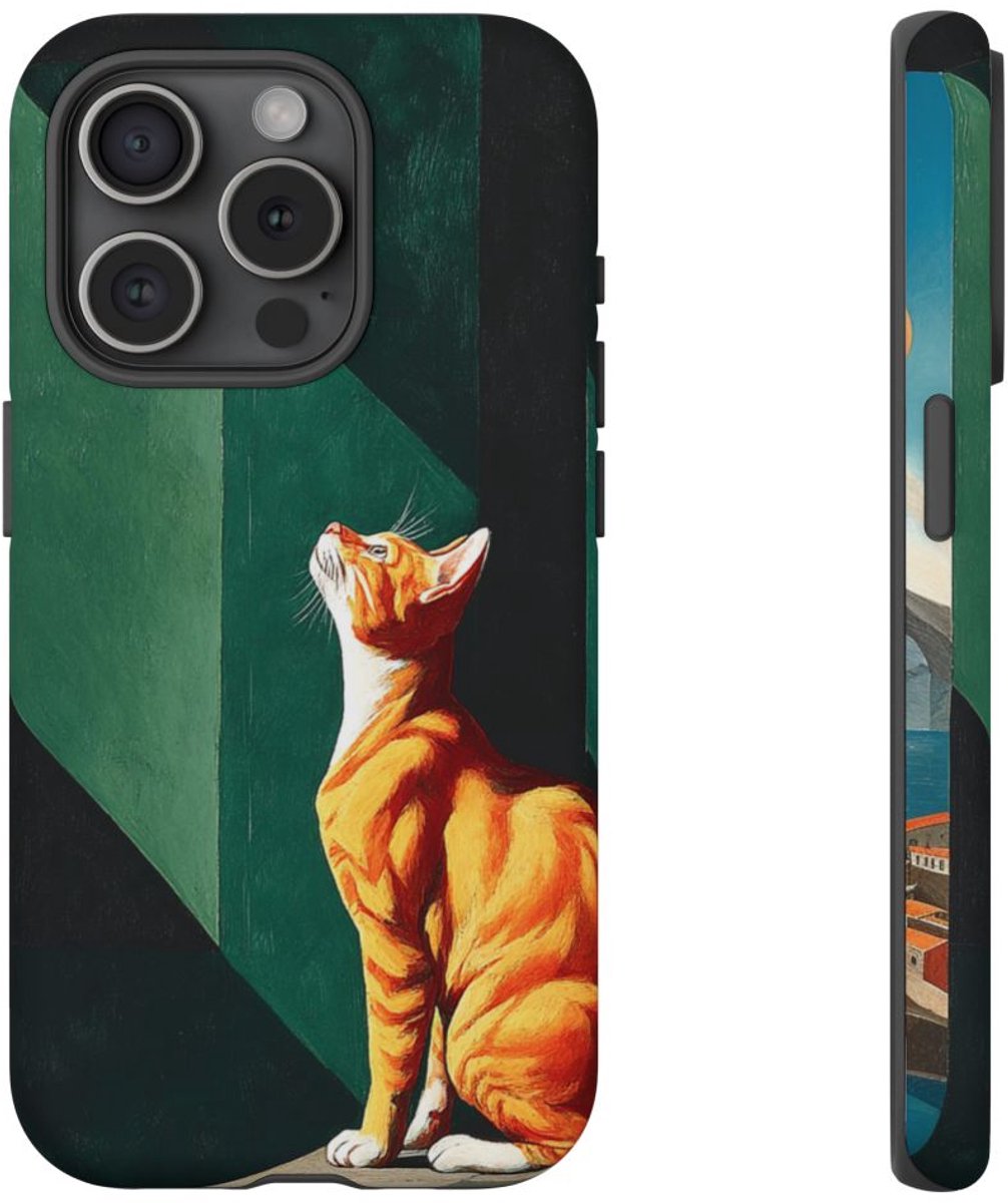 Oranje Kat in Geometrische Schaduw – Telefoonhoesje Geschikt voor iPhone 15 Pro