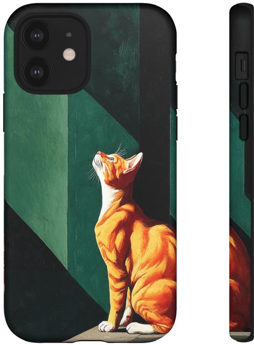Oranje Kat in Surrealistisch Geometrisch Decor – Telefoonhoesje Geschikt voor iPhone 12