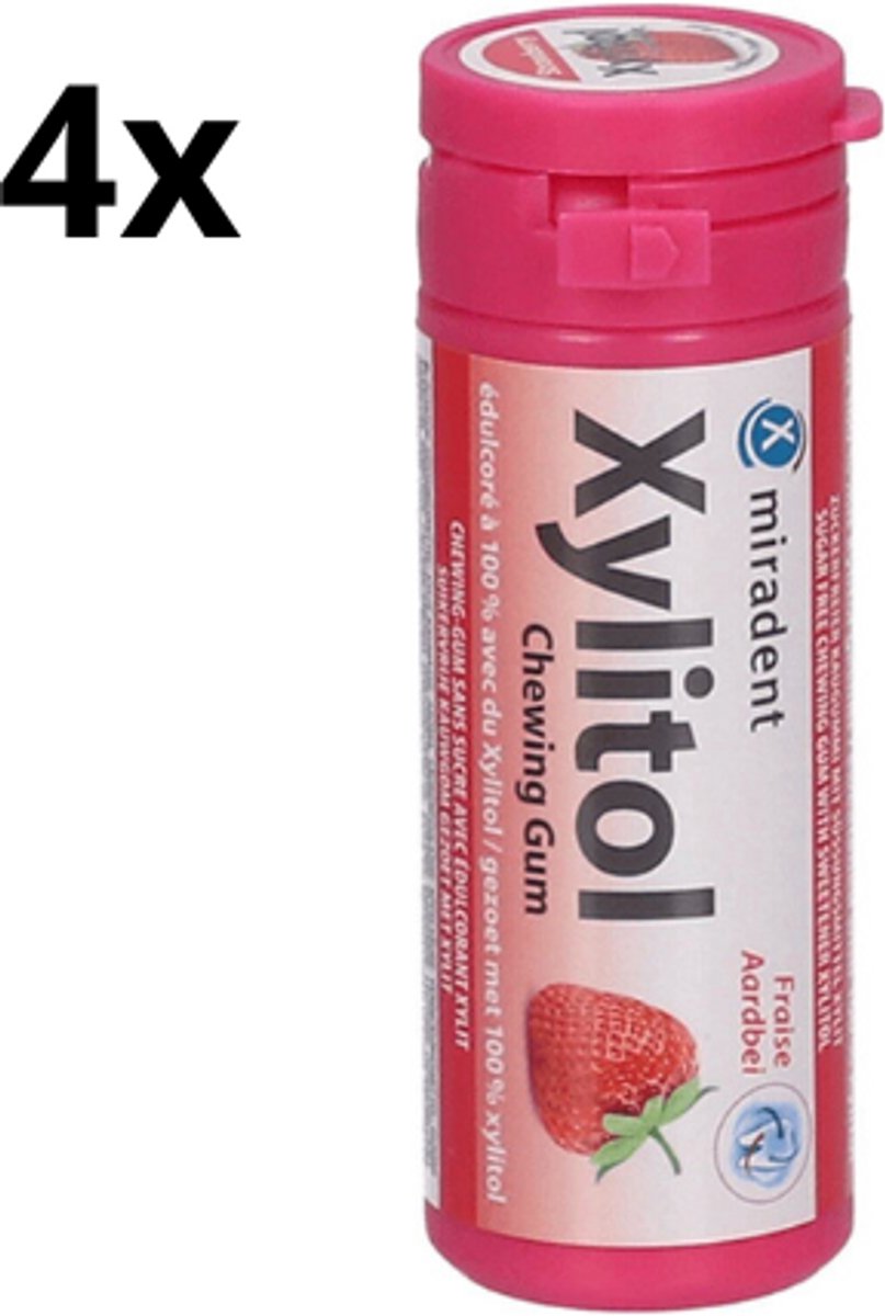 Miradent Xylitol Kauwgom | Aardbei | 4 x 30 stuks | Voordeelverpakking