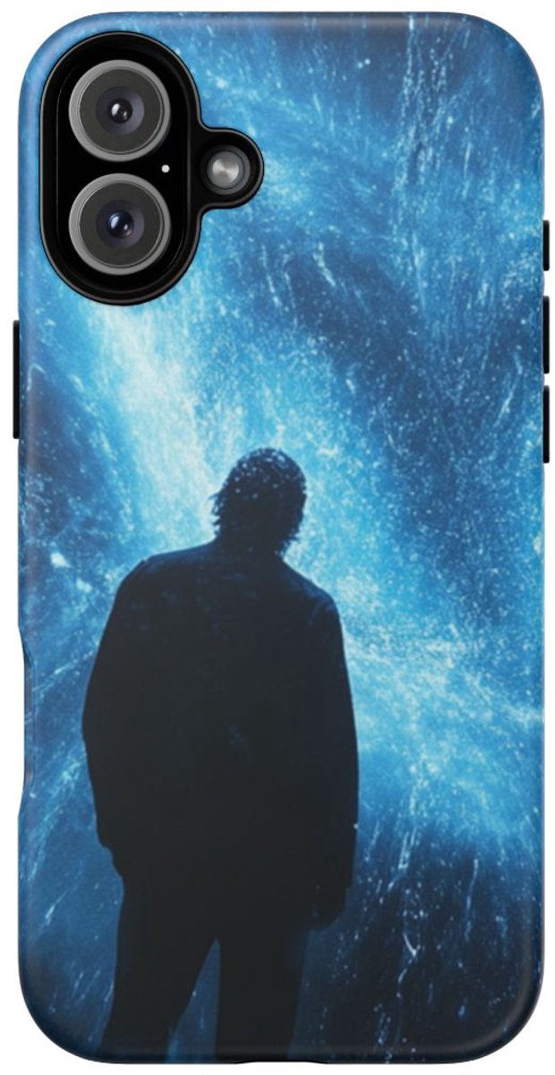 Silhouet met Blauwe Lichtuitbarsting – Telefoonhoesje Geschikt voor iPhone 16 Plus
