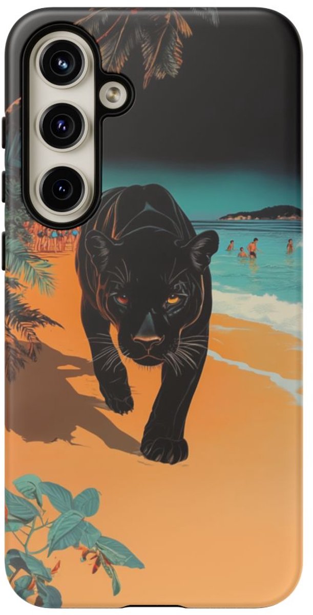 Zwarte Panter op Tropisch Strand – Telefoonhoesje Geschikt voor Samsung Galaxy S24 Plus