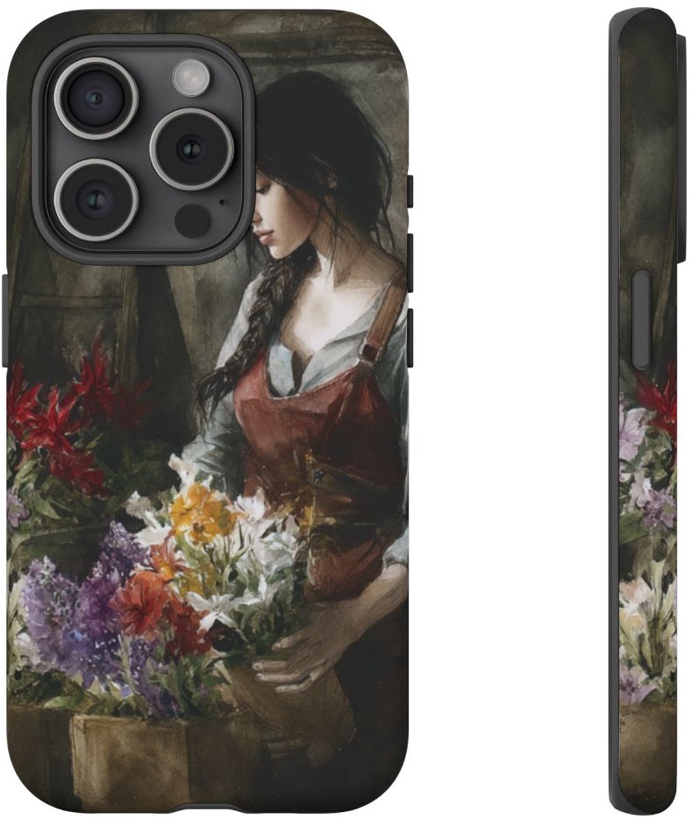 Vrouw met Bloemen in Waterverf – Mat Stevig Telefoonhoesje Geschikt voor iPhone 15 Pro
