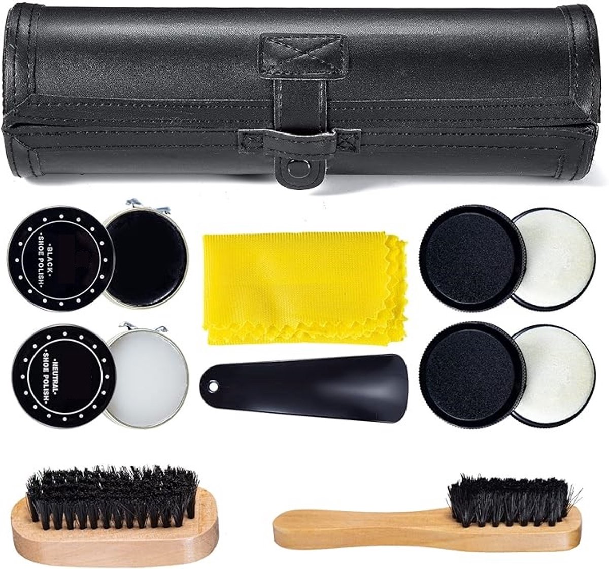 Famanu Schoenpoets Kit Reiniging Shine Care Barrel Set Voor Bruin Zwart kunstleer Met Borstel Travel Case Luxe Premium Zachte Paardenhaar Varkenshaar Dauber, Houten Applicator, Schoenlepel, Doek 9 Stuk Zwart