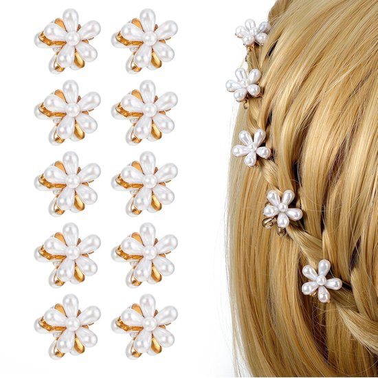 SNQ 10 pièces - Pinces à cheveux - Petites pinces à griffes en perles - Accessoires pour cheveux - Motif floral - Fleurs - Perles - Jolies pinces à queue de cheval artificielles - Accessoires pour cheveux décoratifs pour femmes et filles